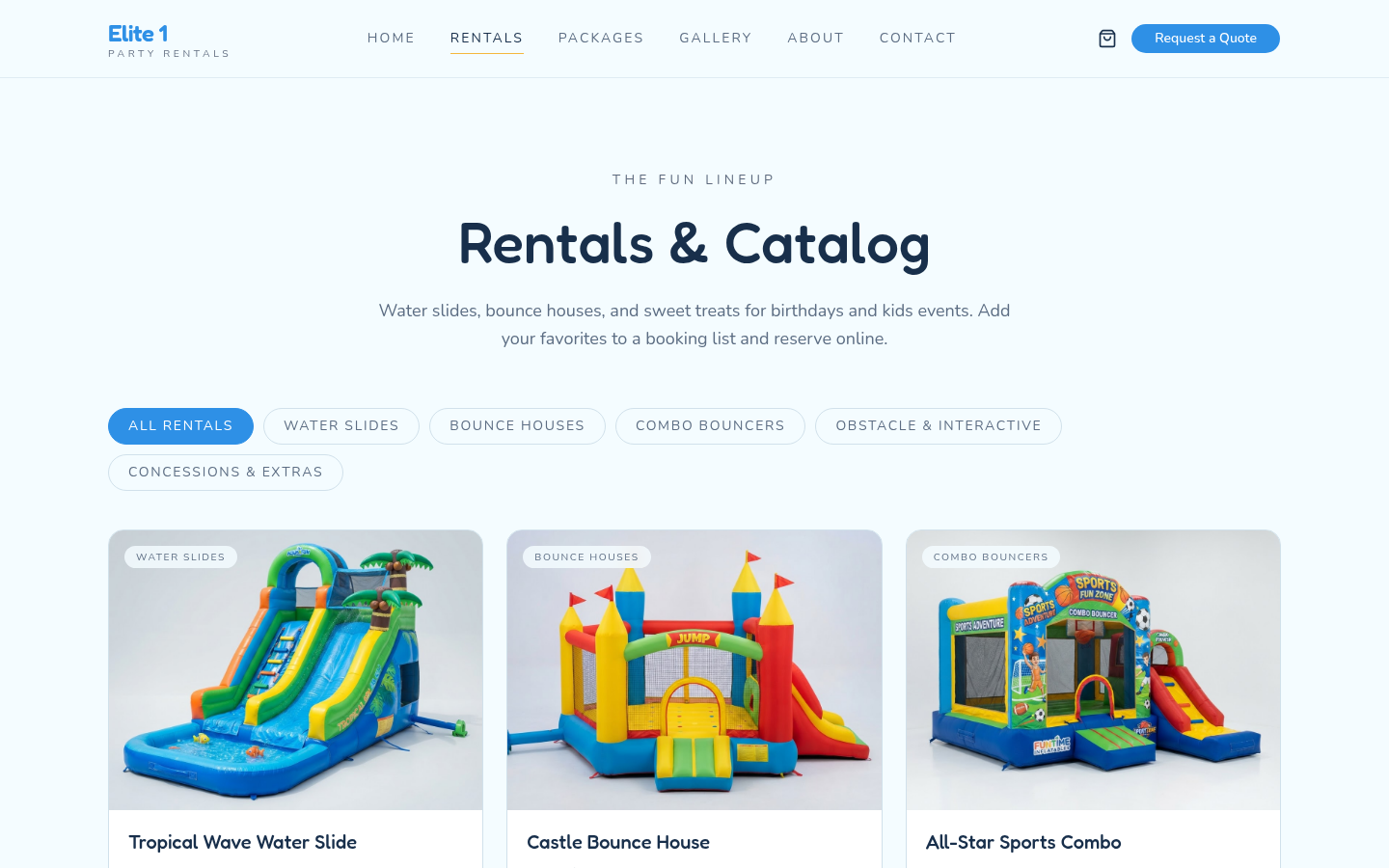 Screenshot of the Elite 1 Party Rentals website